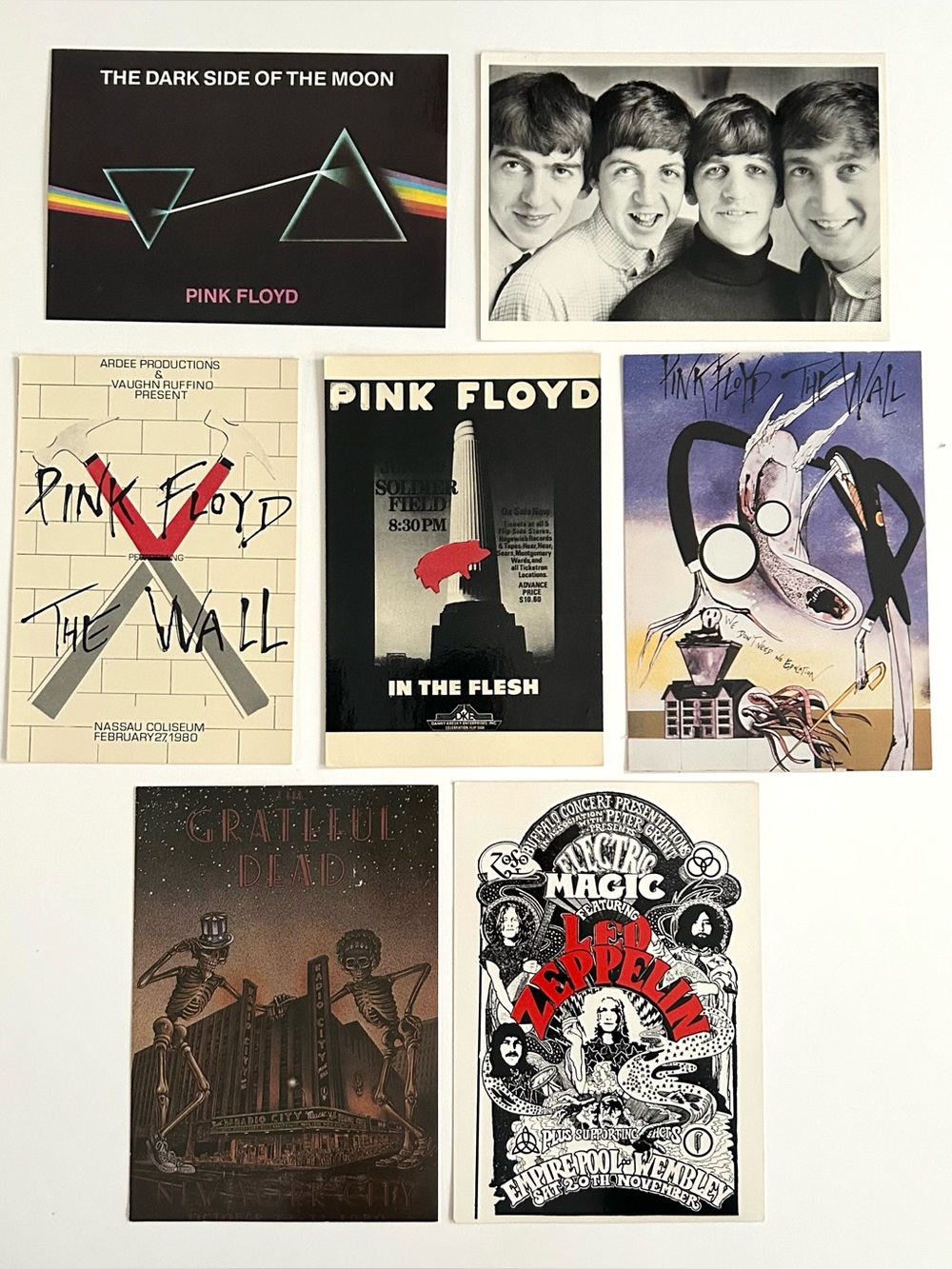 7 Vintage Postcards - Pink Floyd, The Beatles, Led Zeppelin, Grateful Dead